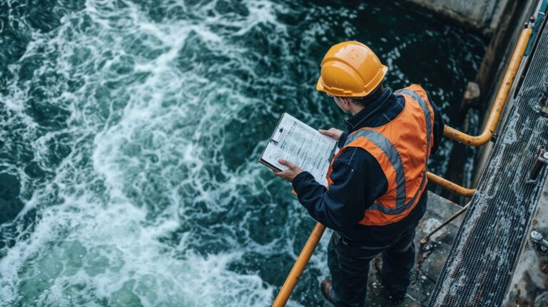 A water engineer wearing a hard hat and safety vest reviews documents while standing on a platform overlooking rushing water at a treatment facility.