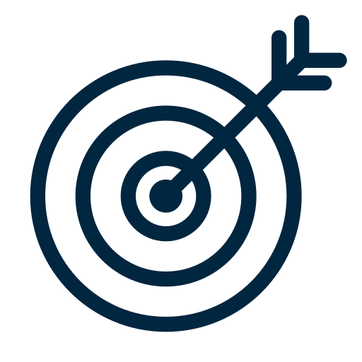 A dark blue icon of a target with an arrow hitting the bullseye, representing precision and data integration.