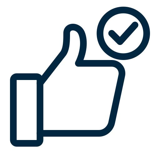 A dark blue icon of a thumbs up gesture with a checkmark inside a circle, representing successful project outcomes.