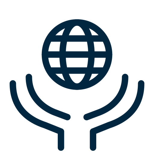 A dark blue icon featuring a globe held within two cupped hands, symbolizing global environmental or infrastructure support.