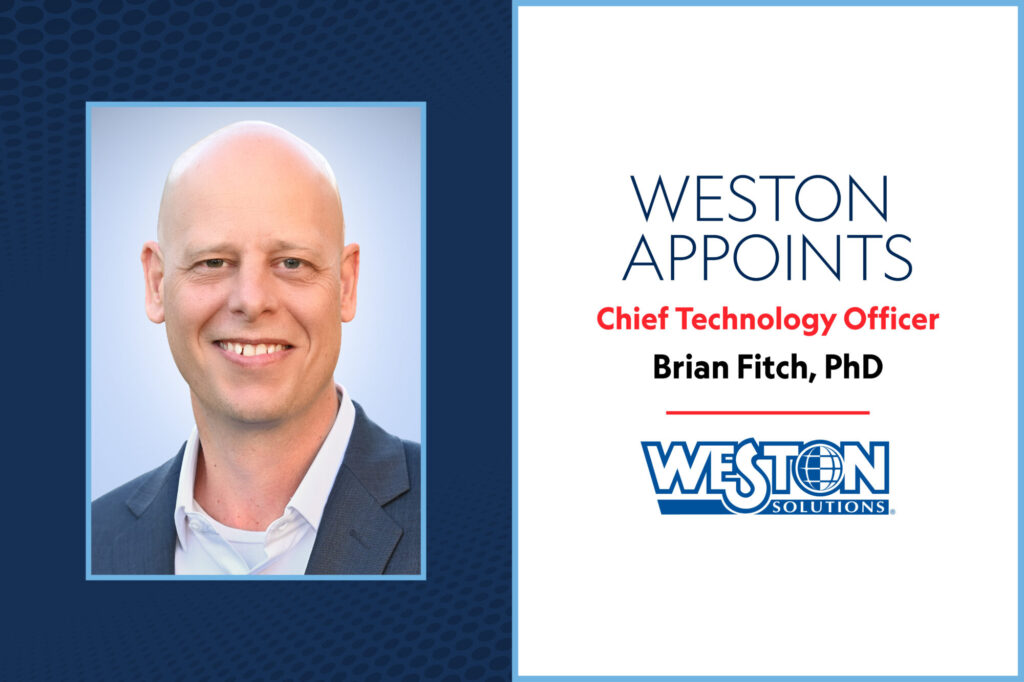 A professional headshot of Brian Fitch, PhD, next to a text announcement from Weston Solutions naming him as the new Chief Technology Officer.