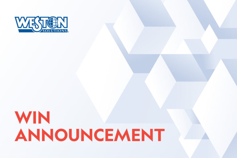 A professional graphic featuring the Weston Solutions logo and the text Win Announcement in bold red letters against a white background with abstract geometric shapes.